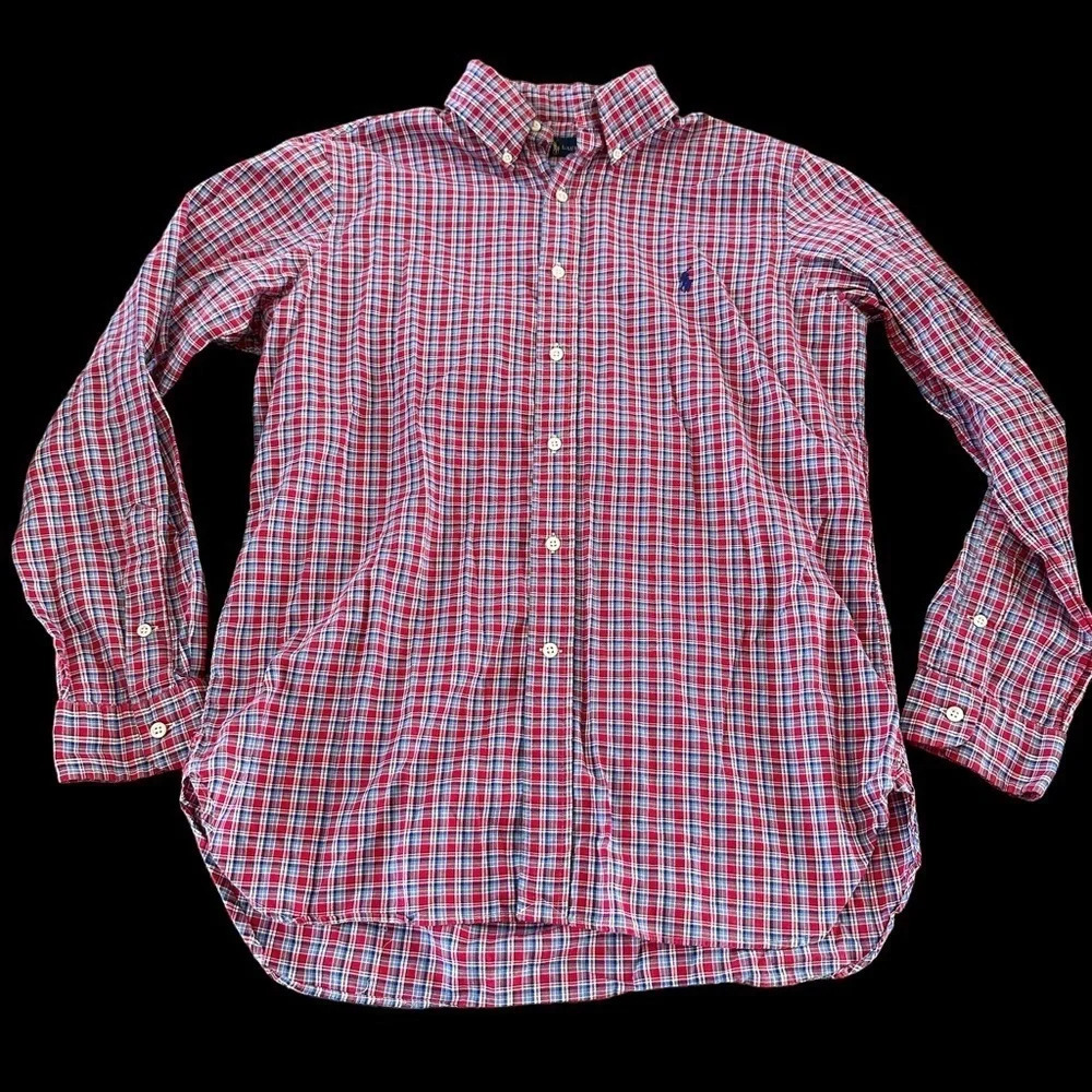 Ralph Lauren Polo Medium‎ 100% Cotton Red Blue Plaid Button Down Shirt Preppy M